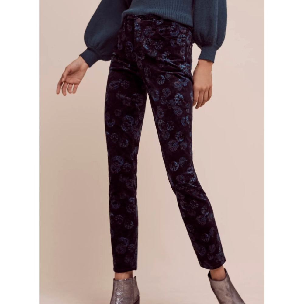 Anthropologie Pilcro Floral Velvet Pants Size 28 Dark Blue Stretch Skinny Boho
